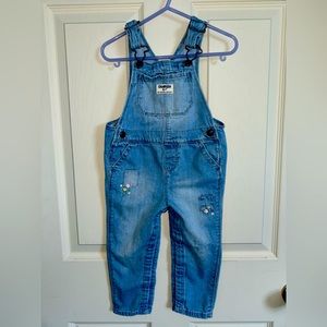 Baby Girl OshKosh B’gosh Patchwork Flowers Denim Overalls Size 24 Months